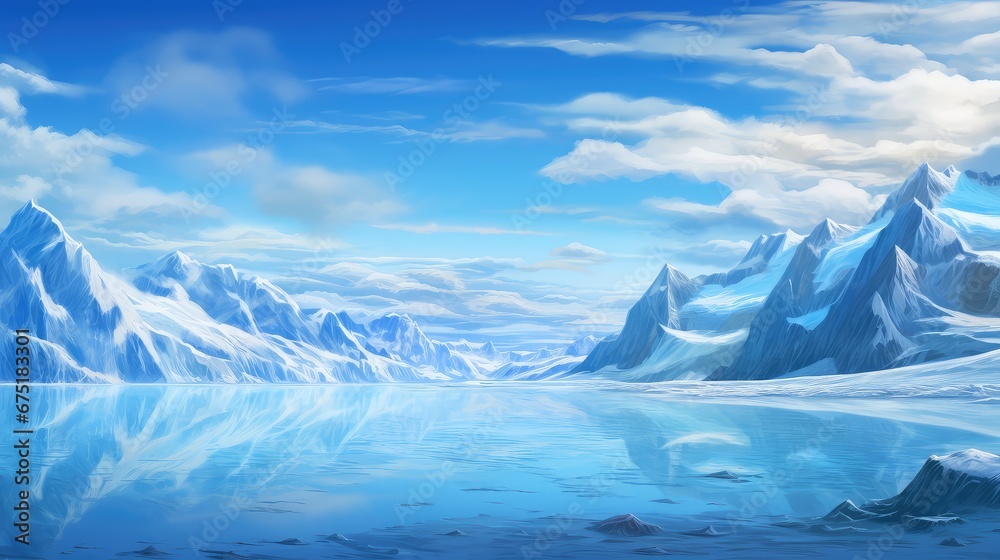 snow mountain sky north landscape illustration blue arctic, scenery water, tourism cold snow mountain sky north landscape - obrazy, fototapety, plakaty 
