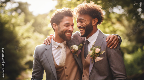 Two joyful grooms men are outdoors, in love together