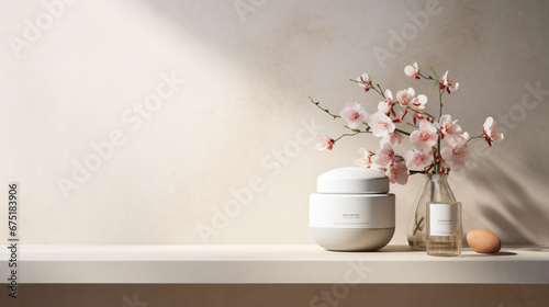 Bloom Spa Still Life with Flowers on Podium Background