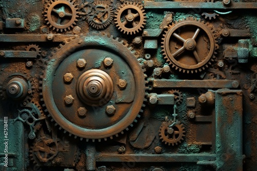 Background featuring aged metallic surface with corroded textures and mechanical gears. Generative AI