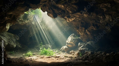 Inside the cave with natural light going down photo