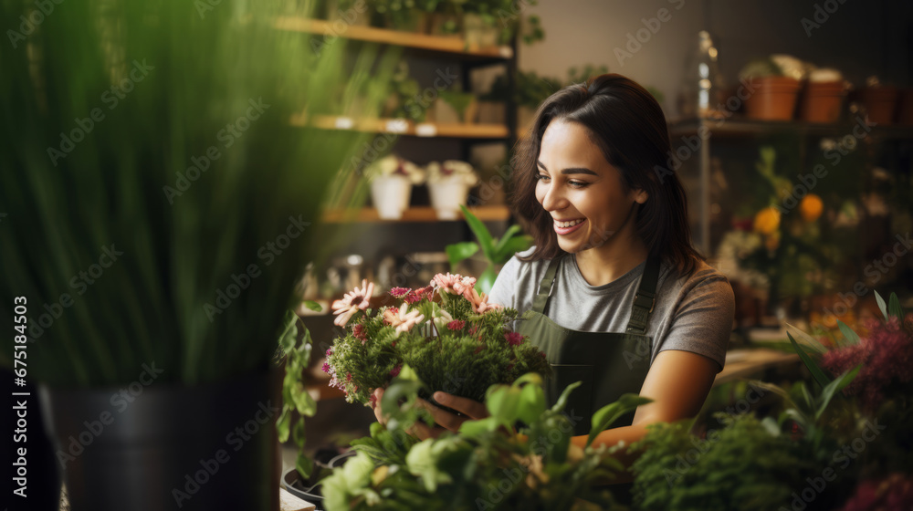 Cheerful woman gardener is taking care of a flower Cheerful woman gardener is taking care of a flower