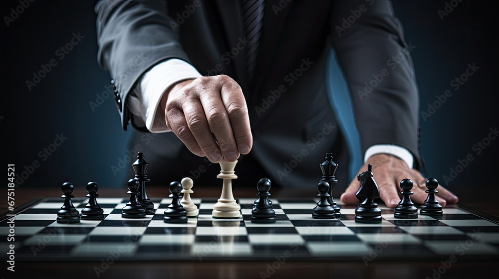 Strategic Businessman Making Chess Move: Board Game Strategy Strategic Businessman Making Chess Move: Board Game Strategy
