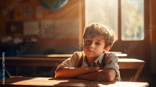 Child boy at school is sitting in classroom, bright sunlight