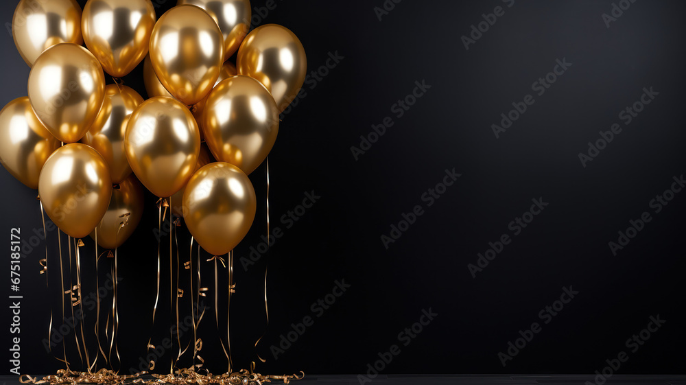 Golden balloons against a stark black wall create a dramatic contrast.