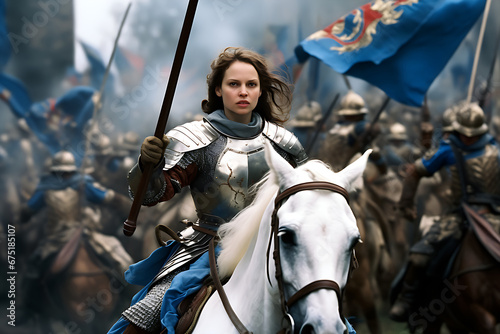 Cinematic battle scene with a female knight in armour on horseback. Concept of army, fantasy, historical, woman power, bravery.