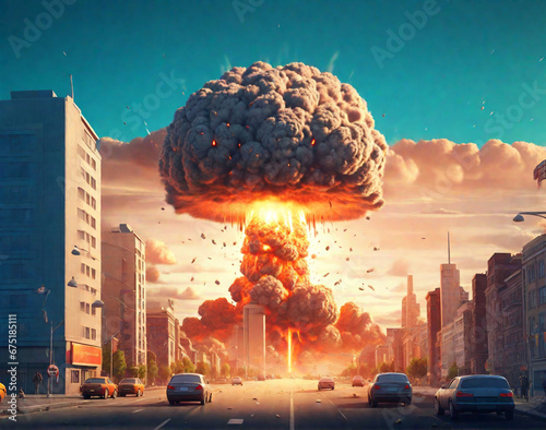 The explosion of nuclear bomb in the city. end of world illustration. Nuclear war threat concept. Ai Generative photo