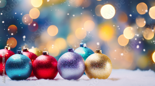 Colorful Christmas balls scattered in the snow  blur background with golden lights  bokeh effect. Wallpaper  banner  web design with copy space.