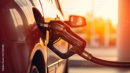 Fuel pump, gas station and vehicle for gas refill, inflation or finance at local fuel garage. Close-up, flare, and petrol pump nozzle in car or automobile for crisis, gasoline and travelling expenses photo