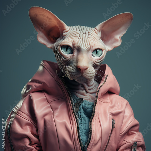 Portrait of a sphinx cat in human clothing, posing with a smart look against a dark background. Fantasy, fashion trend, funny animals.