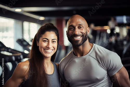 mixed races fitness man and girl standing in gym. personal trainer. healthy lifestyle