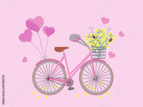 Greeting card with pink bicycle for Valentine's day. Invitation with pink hearts and yellow flowers on a pink background. Festive background for birthday and bicycle day. Vector cartoon illustration.