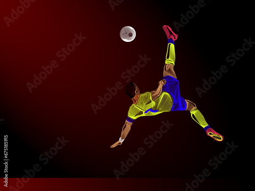 The image of a football player created with Vector Line art technique. Player number seven doing bicycle kick