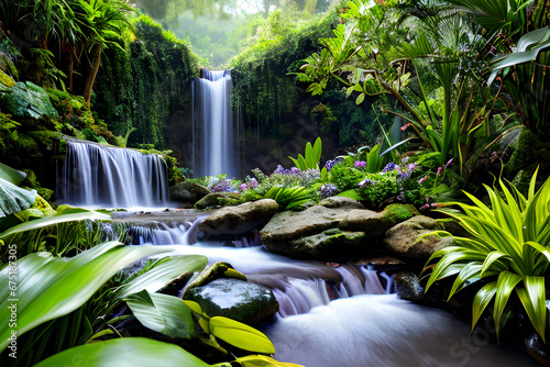 Landscape with lavender orchids and cascade of waterfalls in a decorative tropical garden.