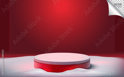 Red podium on snow, Red studio background, Merry christmas and a happy new year. Vector illustration