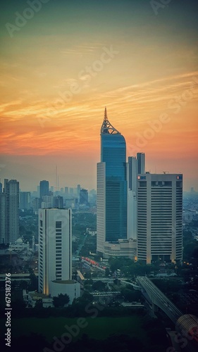 Jakarta, Indonesia – August 30, 2023: A sunset view cityscape of Indonesia capital city Jakarta