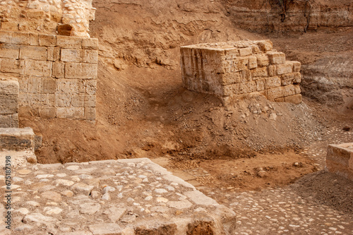 Jordan.  Ruins of three Byzantine churches and marble slab - base for column with cross. Wadi al-Harar - place of baptism of Jesus Christ Wadi al-Harar is world Christian shrine.