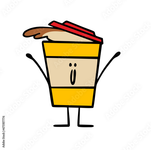 Funny character from a cafe, a cup of coffee with a human face and a smile, waves his hands and splashes out hot drink. Vector illustration of cartoon.