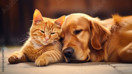 Cat and dog sleeping together. Golden Retriever. pets. Love and friendship. © Rattanathip
