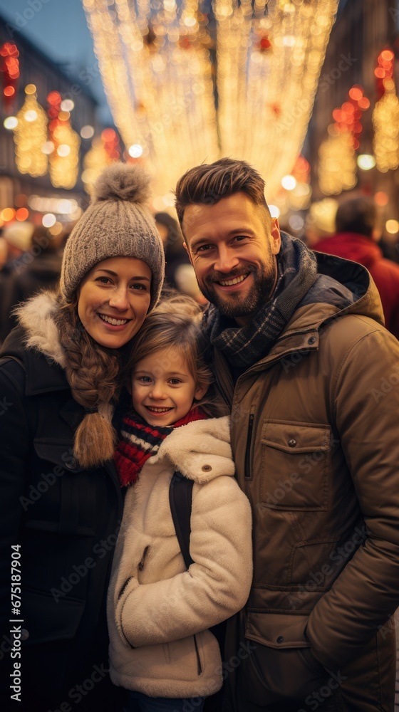 A happy family with a child walks through a New Year's fair decorated with festive garlands. vertical