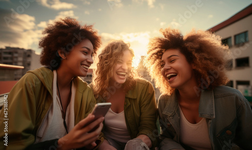 Diverse woman friends having fun sharing together social media with smartphone photo