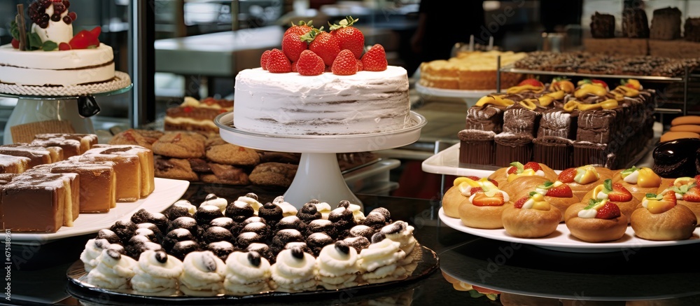 In the background of a bakery a delightful spread of food is displayed featuring a white cake adorned with black icing It is a perfect breakfast treat for a holiday celebration accompanied 