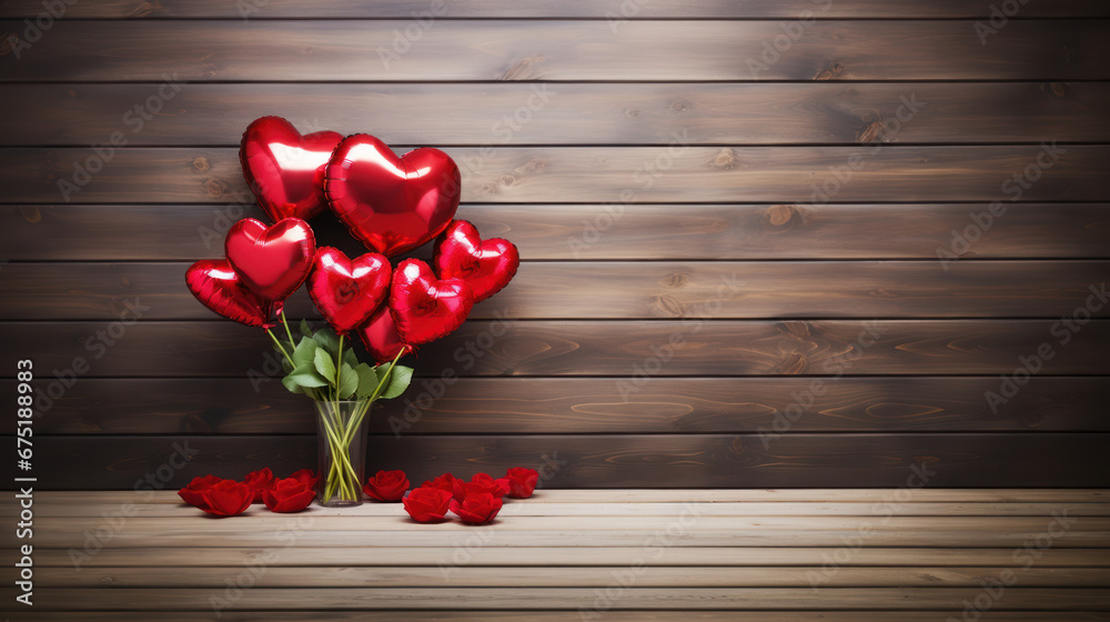 bouquet de ballons rouges en forme de cœur sur un fond bois	
 - obrazy, fototapety, plakaty 