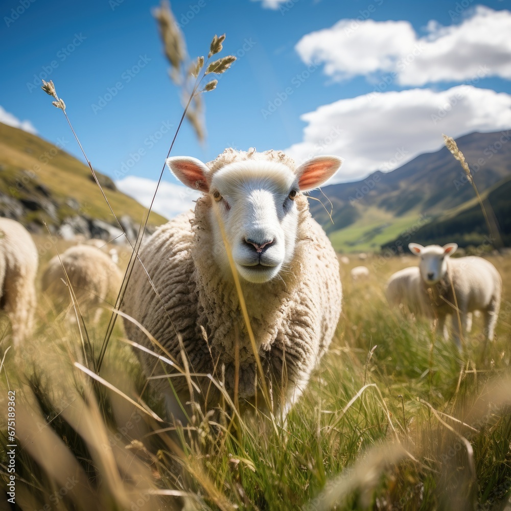 Fototapeta premium Sheep in a grassy field and a mountain in the background. 