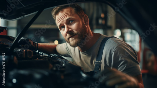 Professional, mechanic or man working on vehicle or car engine. Close-up, face and crop for car parts and automobile service repair in a engineer or garage workshop © MalamboBot/Peopleimages - AI