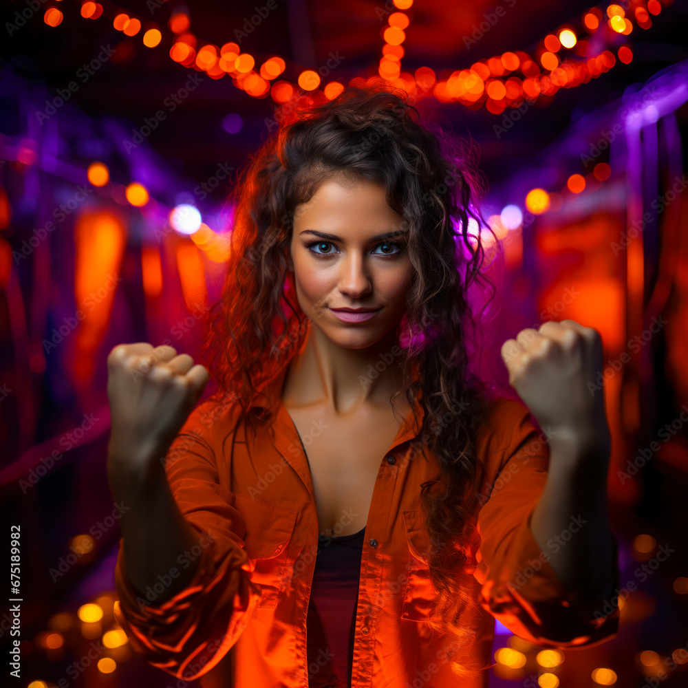 Naklejka premium Portrait of a beautiful woman activist with raised fists, fighting for women's rights