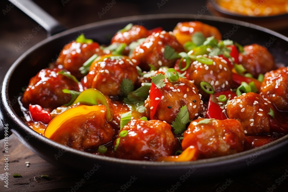 Asian Fusion Delight: Meatballs with Sweet and Sour Sauce in a Pan Asian Fusion Delight: Meatballs with Sweet and Sour Sauce in a Pan