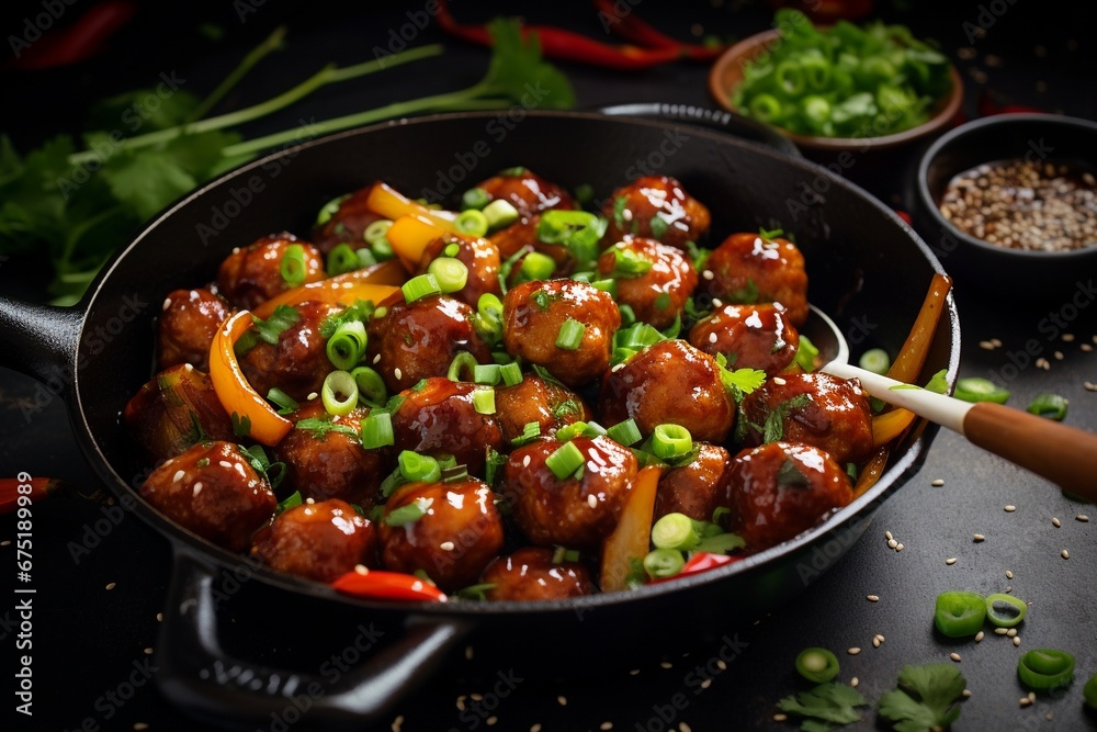 Asian Fusion Delight: Meatballs with Sweet and Sour Sauce in a Pan Asian Fusion Delight: Meatballs with Sweet and Sour Sauce in a Pan