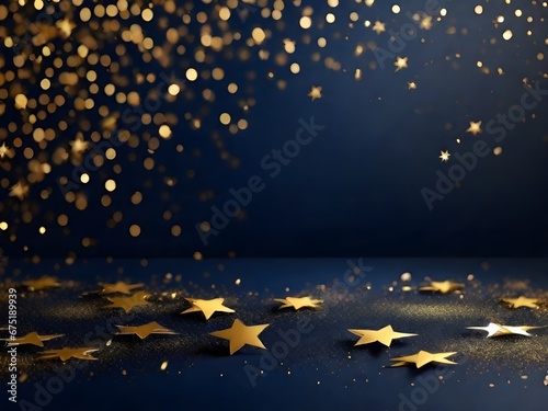 Abstract background with gold stars, particles and sparkling on navy blue. Christmas Golden light shine particles bokeh on navy blue background. New year background. Gold foil texture.