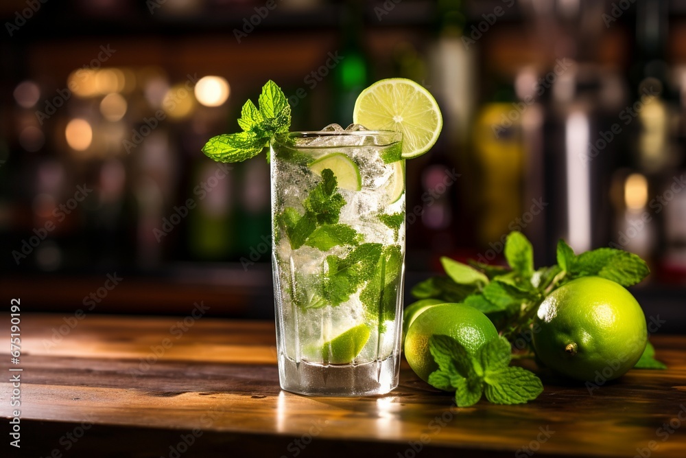 Timeless Refreshment: Classic Mojito Cocktail on Bar Counter Timeless Refreshment: Classic Mojito Cocktail on Bar Counter