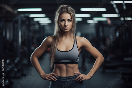 Motivated girl working out in the gym, looking confidently at the camera 