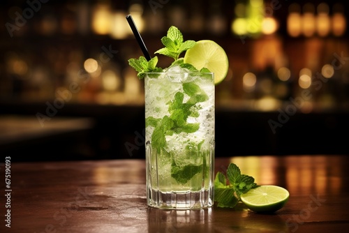 Timeless Refreshment: Classic Mojito Cocktail on Bar Counter