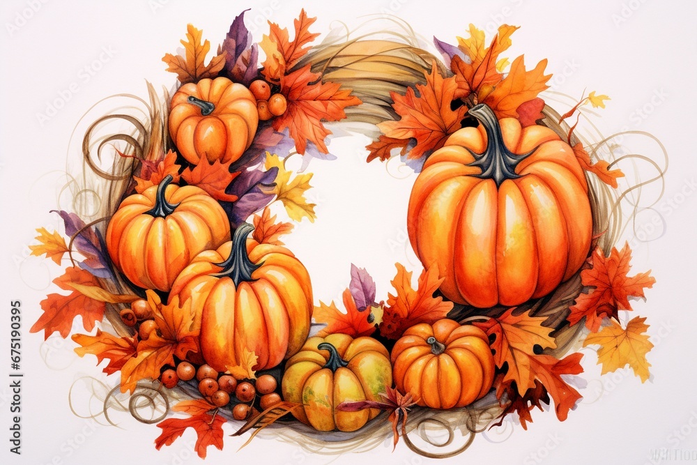 Thanksgiving Harvest Delight: Festive Wreath with Leaves and Pumpkins - Watercolor Style Thanksgiving Harvest Delight: Festive Wreath with Leaves and Pumpkins - Watercolor Style
