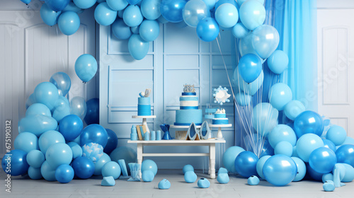 Boys party birthday 3d backdrop in the style of Blue balloons