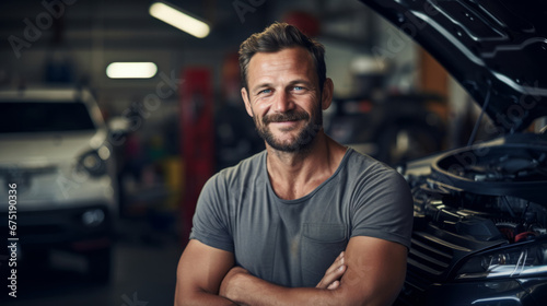 Professional portrait, mechanic or man with arms crossed in engineer or garage workshop. Confident, male or smiling for car service repair and engineer and automobile industry