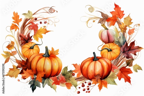 Thanksgiving Harvest Delight  Festive Wreath with Leaves and Pumpkins - Watercolor Style