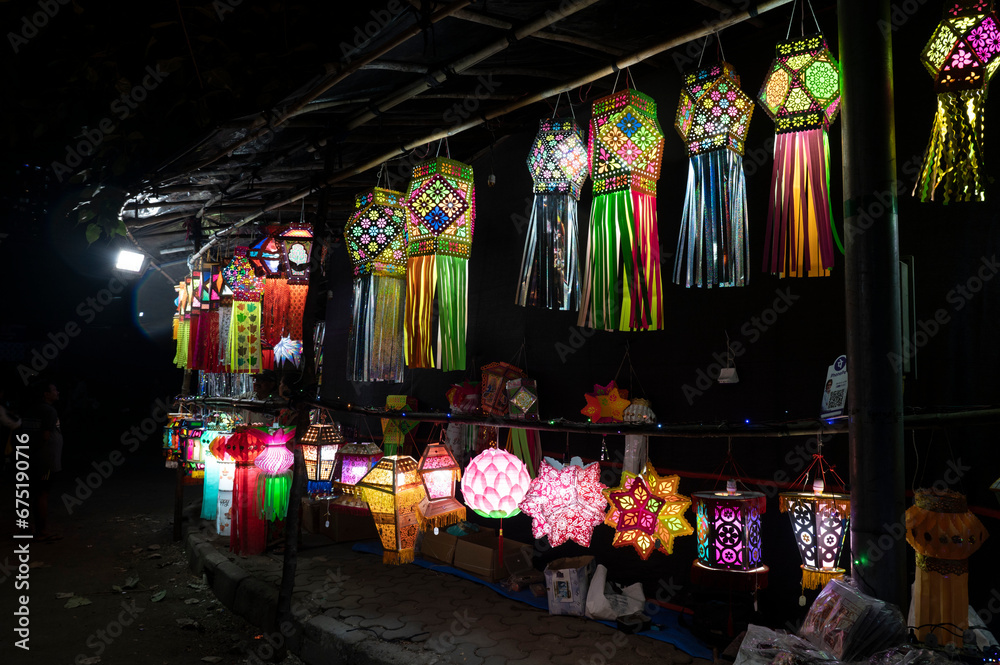 Mumbai , India - 7 November 2023, Kandil paper lanterns are hung for sale during Diwali festival at malad west Mumbai India