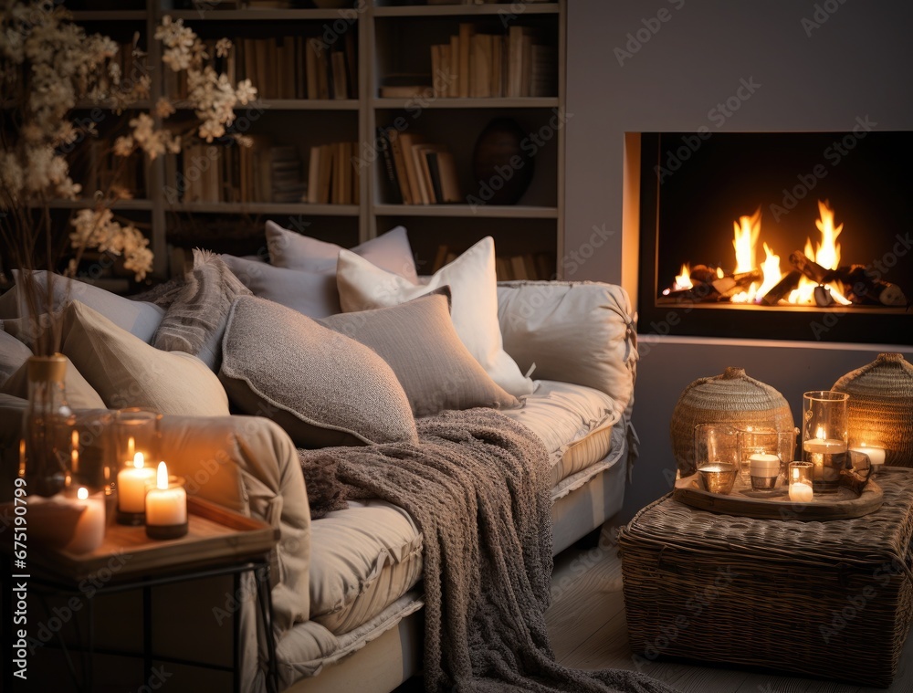 Experience the warmth and comfort of a cozy living room in a tiny home. The fireplace is burning, creating a cozy atmosphere. The comfortable cushions invite you to relax and unwind
