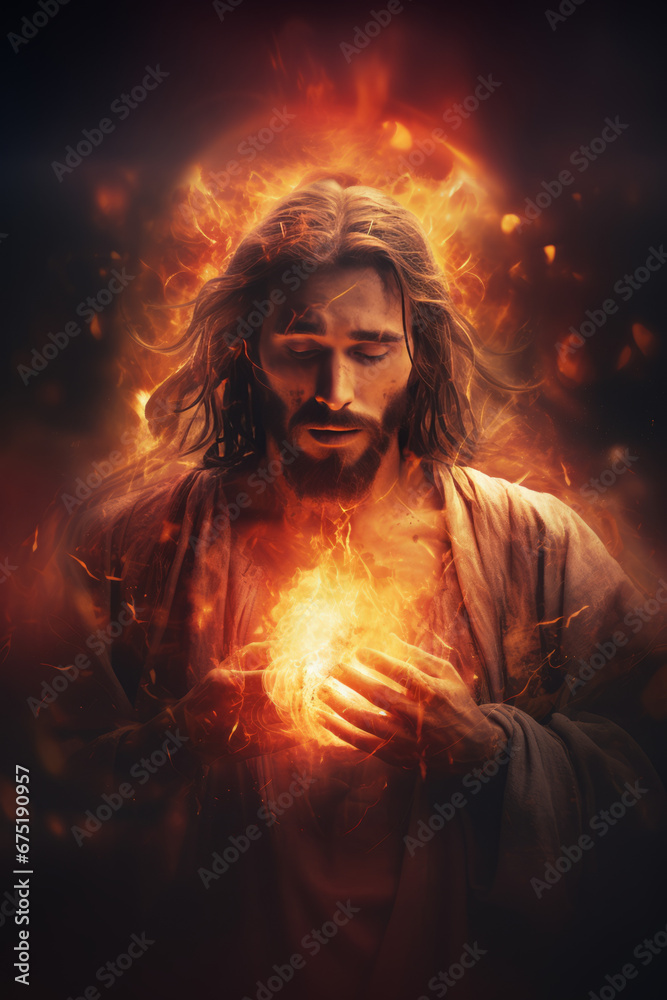 A detailed fantasy art of Jesus with a burning fire in front of his face, featuring darkly romantic illustrations with impressionistic colors.