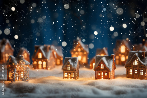 A snowy Christmas village with snowflakes at night, captured in the style of vignetting with dark orange and blue tones.
