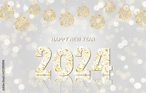 Luxurious decorative Happy New Year illustration with golden openwork Christmas balls hanging on strings and decorated 2024 with floral ornate elements. Shining festive abstract white background