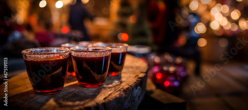 Red hot drinks on a table at a Christmas market in dark brown and brown style, creating an expansive holiday scene. photo