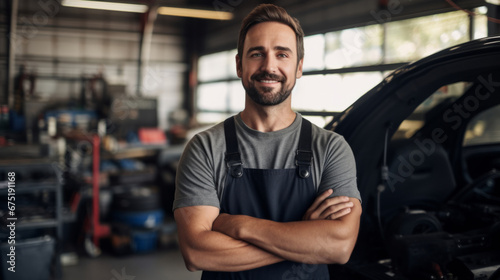 Professional portrait, mechanic or man with arms crossed in engineer or garage workshop. Confident, male or smiling for car service repair and engineer and automobile industry © MalamboBot/Peopleimages - AI