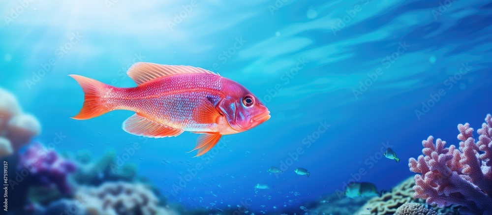 Fototapeta premium During my tropical vacation I was captivated by the breathtaking landscape and the beauty of nature as I explored the blue world beneath the ocean s surface where vibrant red fish swam grac