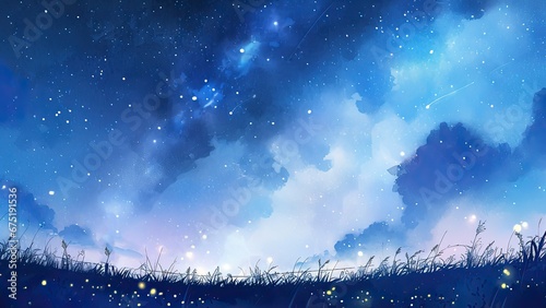 草原の上の星空と蛍_2　Generative AI photo