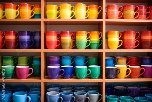 Vibrant Spectrum: Neatly Stacked Rainbow Cups, Mugs, and Plates on Shelves